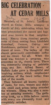 1925 - St. John's Lutheran Church, Cedar Mills, MN - Fourth of July Celebration newspaper clipping.jpg