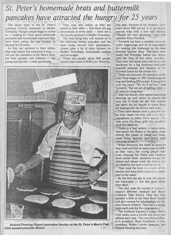 1968 - St Peter's Lutheran Church Molkte Township newspaper article about 25th pancake breakfast.jpg