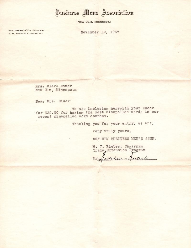 1937- Letter to Clara Hinderer from the New Ulm Business Mens Association.jpg