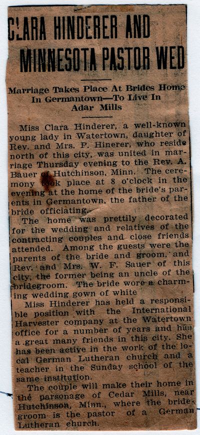 1917 - Alfred and Clara Hinderer Baur announcement in Watertown, SD newspaper.jpg
