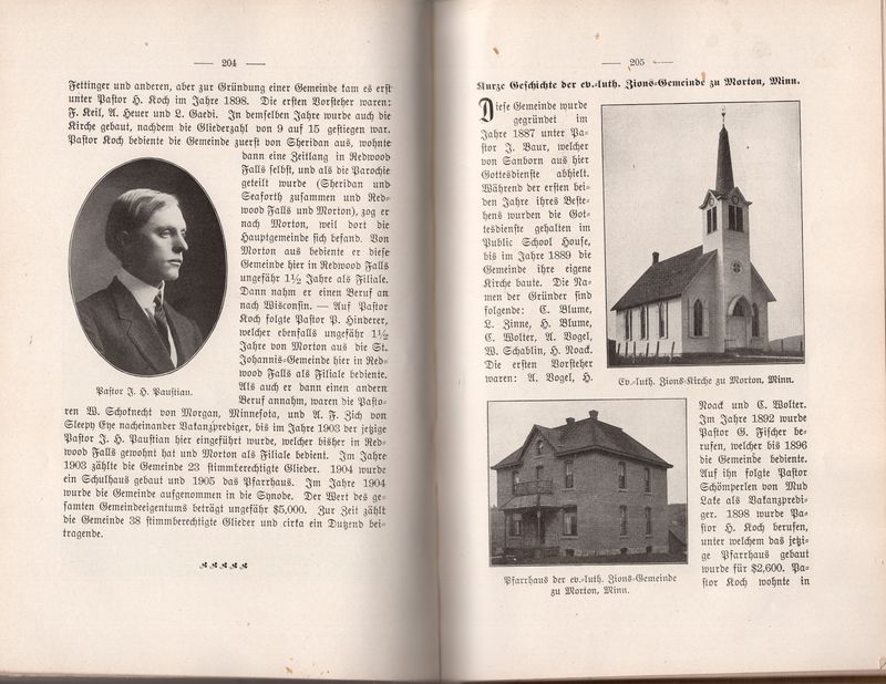 Gelchte de Minnesota Synode - page 204-205 - Jacob Baur organized - Paul Hinderer served in 1901 - St Johns - Redwood Falls.jpg